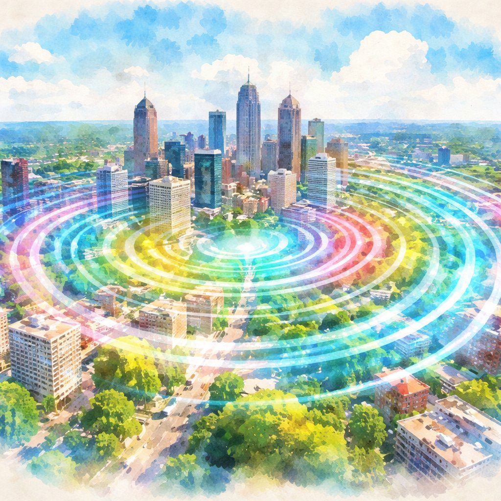 Drone view color Sound waves travelling across the downtown of a city on a bright beautiful day. no water.