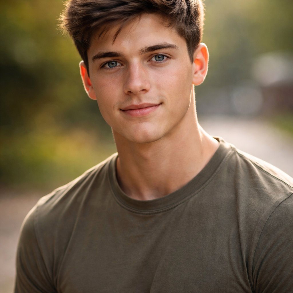 A 19 year old boy who has dark brown hair and blue eyes. He looks strong but also looks kind.