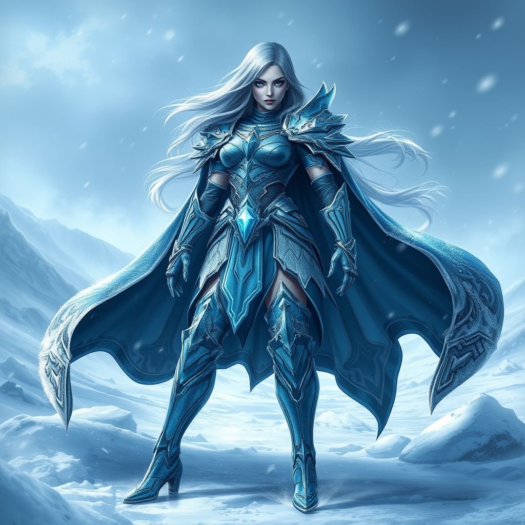 Create a battle woman hero called Alvara the Frostheart. Show full body head to toe including shoes