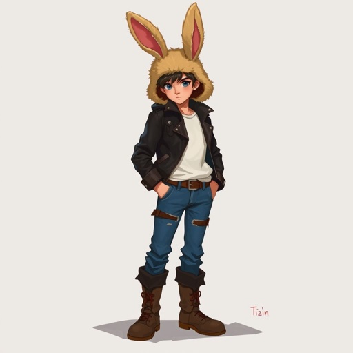 A boy like 5,6 skinny ish with brown boots skinny blue jeans and ah white t shirt along with a black biker jacket and a bunny rabbit helmet that’s furry tan like a vigilante