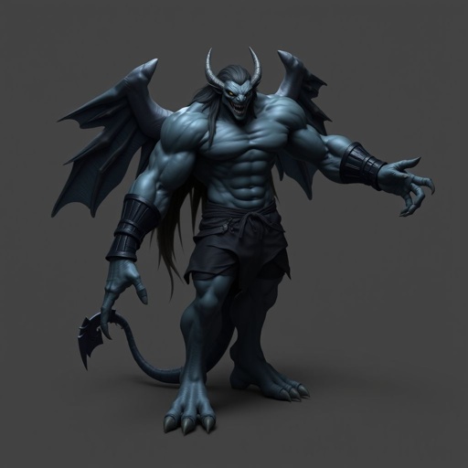  Dark grey gargoyle with strong muscles long black hair with big feet and he only has 4 fingers on both hands he has black shorts on with black gauntlets around his fist