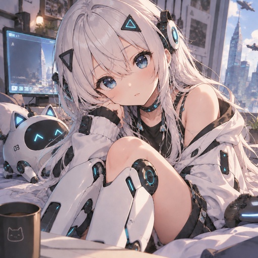 a anime girl sitting on a bed with her legs crossed