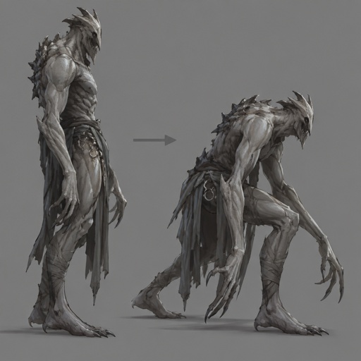 position swapping grey scary guardian humanoid creature