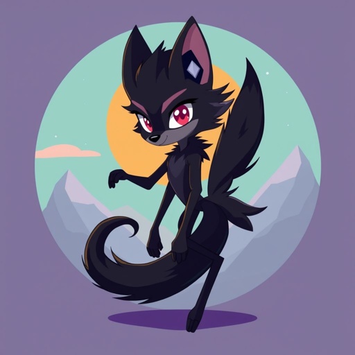 A black furred wolf human hybrid whit a long fluffy tail