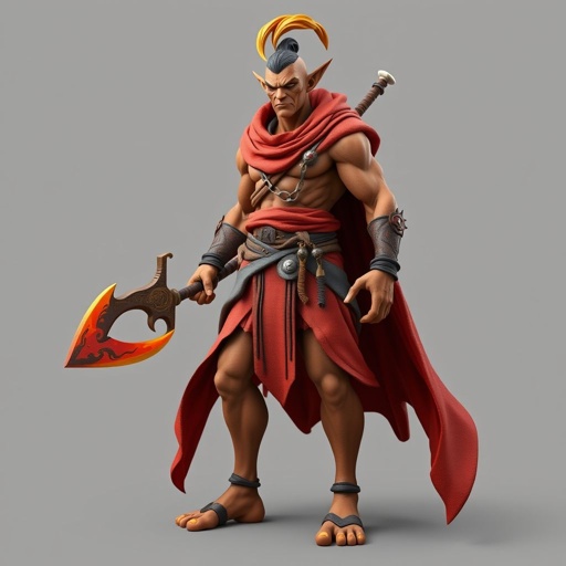 Create handsome hero  Rhen the Fire – A lean, muscular man. He wears layered, flowing desert robes dyed in warm reds and golds, with scorch marks where flames have licked them. A curved blade hangs at his hip.  Show whole body head to toe including her shoes.