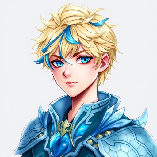 A teenage water prince with short blonde hair and a blue strand of hair