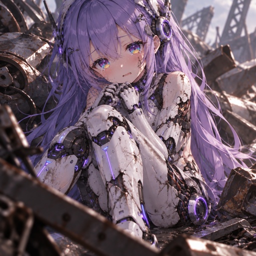 a woman with purple hair and a white dress