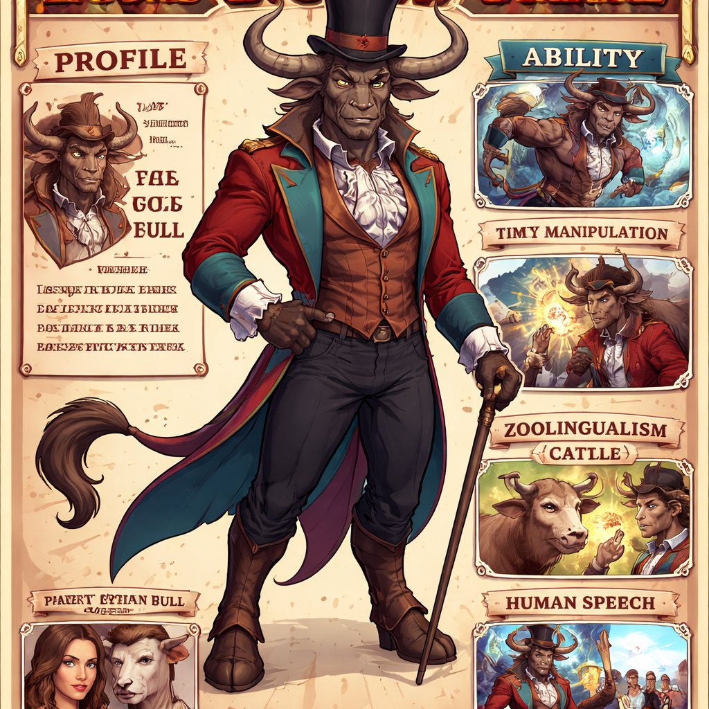 A 6 1/2 foot tall, well~proportioned male Minotaur with a humanoid-Cretan bull smooched face with deep set bovine brown eyes, large powerful gleaming horns like his fathers and a bovine tail. His skin and fur being a captivating Taupe color. He works at a freak show as the ringmaster. His outfit consists of a crimson and teal tailcoat, frilly shirt, stunning copper blazer, black pants and top hat. His abilities are Reality Rejection, Time Manipulation (Chronokineses), Zoolingualism (Language of Cattle only), Human Speech. His mother is a human with some animal (Cretan Cattle) physiology and his father is a Cretan Bull.