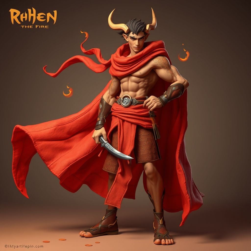 Create handsome hero  Rhen the Fire – A lean, muscular man. He wears layered, flowing desert robes dyed in warm reds and golds, with scorch marks where flames have licked them. A curved blade hangs at his hip.  Show whole body head to toe including her shoes.