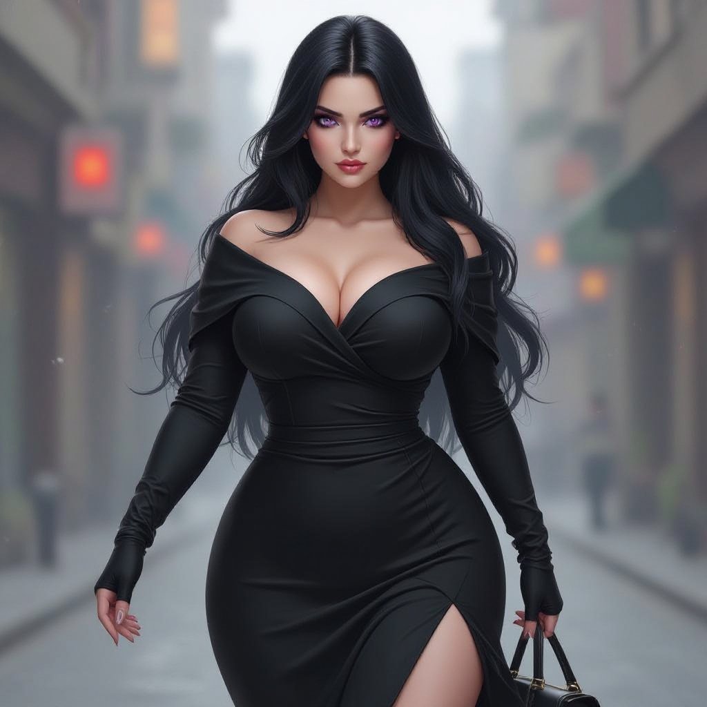 Create fat mysterious woman jet-black hair is cut sharp to her jawline, and her violet eyes seem to pierce through darkness. A shadowy aura clings to her form, faint shapes shifting and flickering behind her like whispers of another realm. Show whole body head to toe