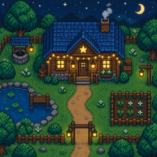 Starry house, unique, fairy lights, for a modern fantasy game, exterior, top down style, shading and highlights