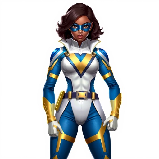 A teenage African American female with shoulder length curly hair  in a side part style superhero  wearing a MASK and a slightly armored white and blue suit with blue pants gold accents and a stylized V as her chest emblem a utility belt and gold boots
