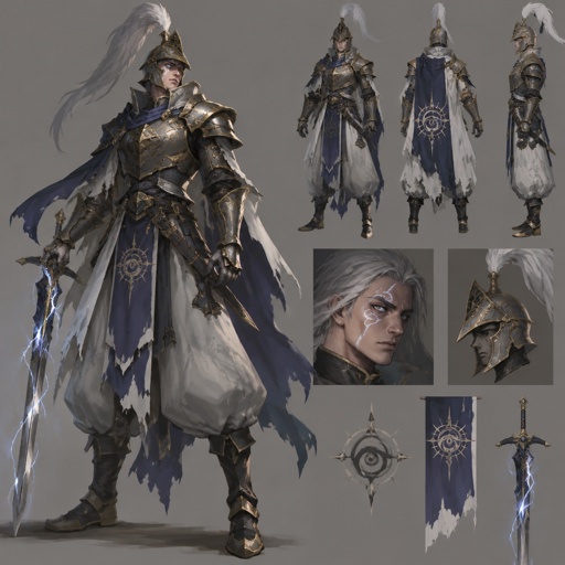 lightning knight, plume helmet, grey hair, eye of the storm mark, baggy pants