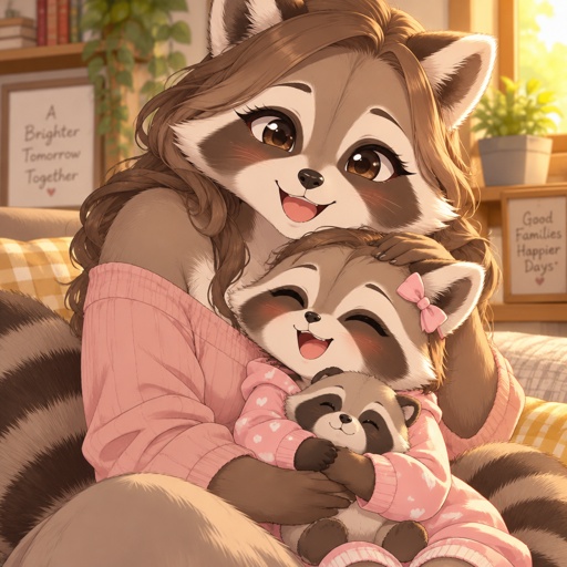Furry female raccoon and daughter, healthy and happy