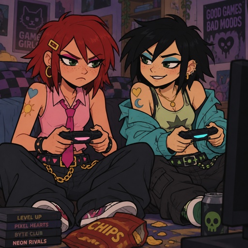 Female, teen, freckles, dark green eyes, hot pink eye shadow, hoop earrings, unhappy , choppy red neck length hair, bangs on one side of face, sleeveless button up pink shirt, pink tie with gold clip, blue heart tattoo with a yellow sun inside on shoulder, baggy pants with gold chain, two belts with dark and light pink triangles, Female, teen, freckles, dark green eyes, cyan ray shadow, ear piercings, smirking, choppy black neck length messy hair, bangs on one side of face, cyan jacket with shoulder holes, light green crop top, yellow heart tattoo with a blue moon inside on shoulder, baggy pants, belt with dark and light green triangles, gold necklace, both playing video game