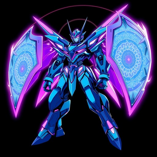 A blue mech with purple highlights and two shields orbiting it. No other weapons, just shields