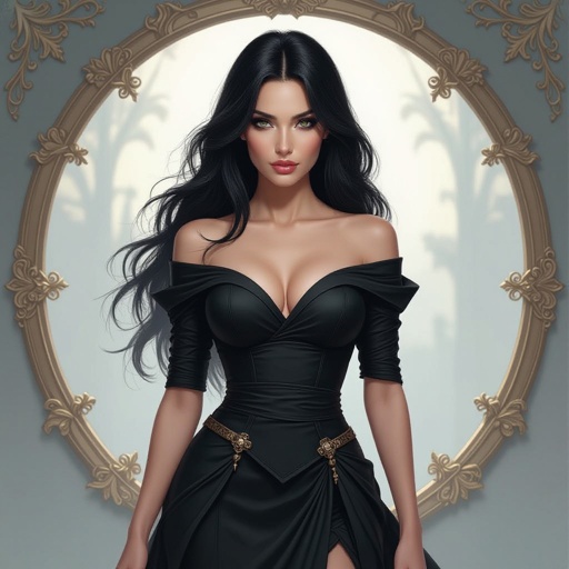 Show character head to toe. Create a mid age fantasy woman jet-black hair is cut sharpand her eyes seem to pierce through darkness. A shadowy aura clings to her form,