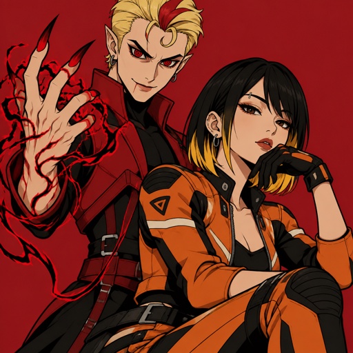 Male, blonde greased brushed back hair, curl on forehead, red streak in hair, scar on lip, red and black spiral eyes, slim, superhero with chaos powers, cool outfit red, pointy ears, pointy fingers with red tips, red veins, Asian female with straight black neck length hair, yellow tips, side bangs on one side, eyebrow piercing, under eye mascara, ear piercing, motorcycle clothes orange, gloves, posing