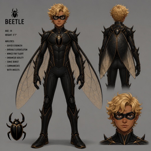 Male superhero, fourteen, beetle powers, cool suit, black color pallet, blonde wavy hair, mask, freckles, tan, spikes, beetle wings