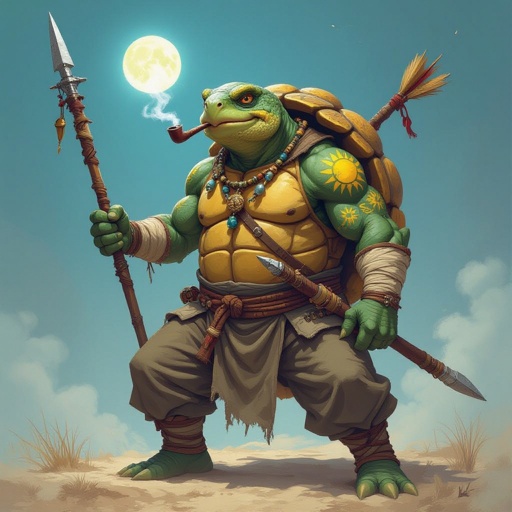 Tall athletic, fit battle tested, middle age, anthropomorphic sulcata tortoise drunken master monk with full shell, dnd tortle monk, wearing dusty monk pants, hand wraps, with long spear decorated with sun and moon trinkets, old smoking pipe in mouth, surrounded by smoke, yellow sun and light blue moon tattoos all over his body, ninja throwing darts at his waistband.