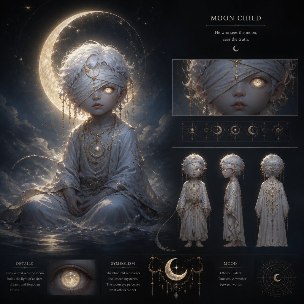 moon child with blindfold only one eye showing moon eye