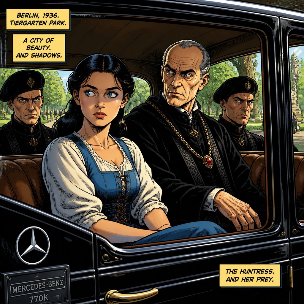 Vivid colors, highly realistic no print dots no speech bubble the backseat of an expensive 1930s Mercedes style limousine. Two people are seated a girl about 16 with long black hair and startling blue eyes, angular face and an older man. The older man is dressed in a black renaissance robe. The young girl is in a blue peasant girl costume. They are sitting beside each other on a bench on either side our security guards dressed in black renaissance robes standing at attention. The characters faces should be highlighted and not flat. The scene is a park.