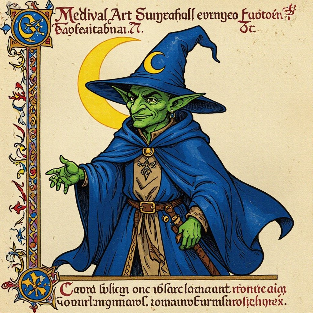 A Goblin mage with a blue cloak and a pointy wizard hat with a yellow crescent moon on the robe and hat