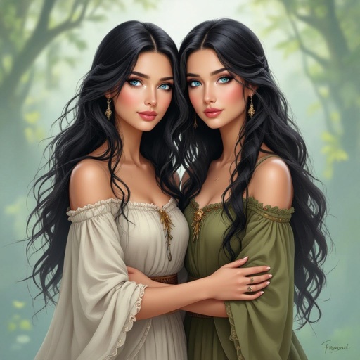 Older Mother and almost adult daughter with black hair and bleu eyes