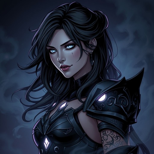 Ashe moves with the graceful ease of someone born between worlds—part shadow, part light. Standing about 5’8”, her lithe frame is cloaked in soft, well-worn leather armor dyed in muted shades of charcoal and midnight blue, perfect for blending into the night. Her skin is pale with a subtle, almost ethereal shimmer—a hint of her fey heritage. Striking silver eyes, sharp and observant, flicker with quiet cunning beneath long, dark lashes. Her hair falls in tangled waves of deep black, streaked with strands of silver that catch the light like whispers of moonbeams. A faint scar traces just beneath her left cheekbone, a souvenir from a close call long forgotten. Her fingers are nimble and calloused from years of lockpicking and sleight of hand, often adorned with a few simple rings stolen—or earned—from past ventures. Around her wrist, a delicate tattoo of a cracked mask hides beneath her sleeve, a reminder of the many faces she wears and the secrets she keeps. Ashe’s expression is usually calm, cool, and unreadable, but a hint of a sly smile occasionally breaks through, revealing the trickster beneath.