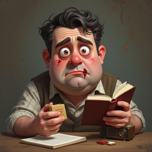 Create a funny fat guy who looks high is has a book box radio 