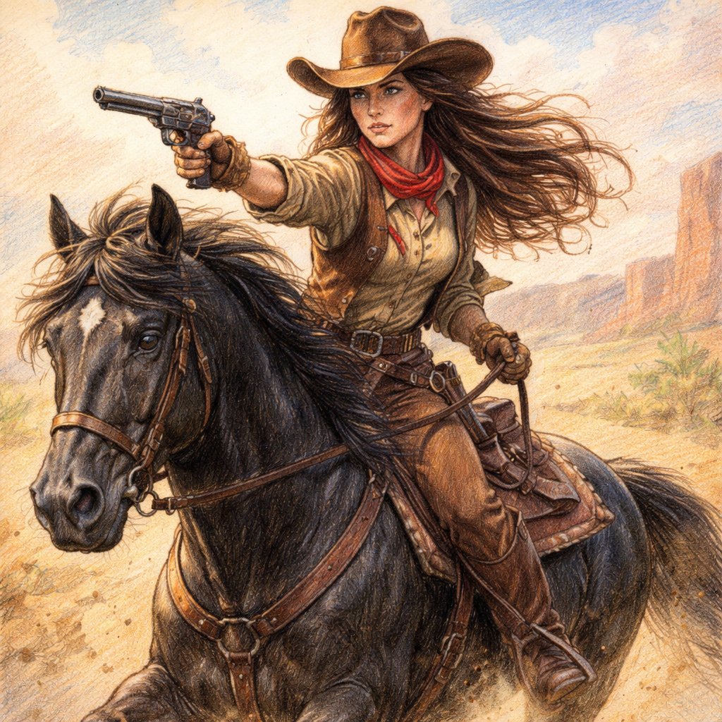 Cowgirl gunslinger with brown hair, black eyes riding big black stallion with western background