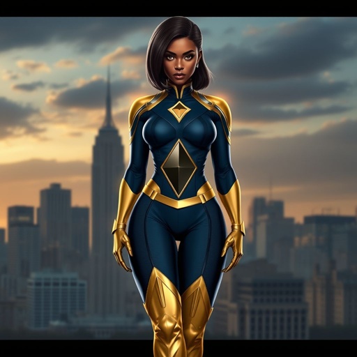 African American female superhero with hair in a shoulder length side part hairstyle with pure Gold Glowing eyes wearing a navy blue and gold accented suit with navy blue pants and gold knee length boots with a diamond with the top half gold and the bottom half black as her chest emblem in Philadelphia