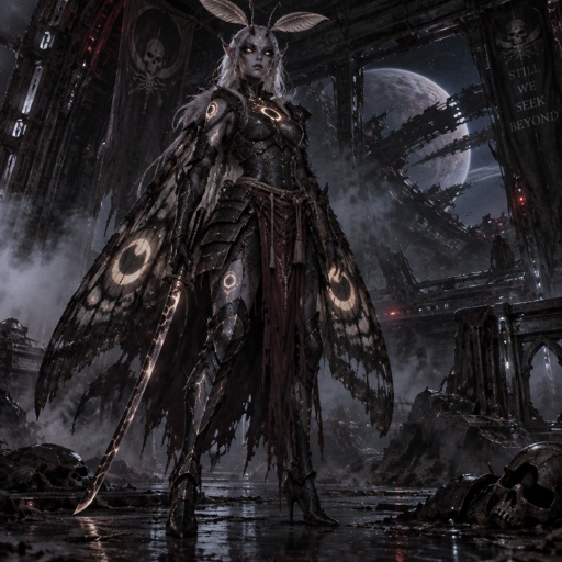 A gorgeous alien moth woman in a futuristic space samurai armor. Show whole body. 