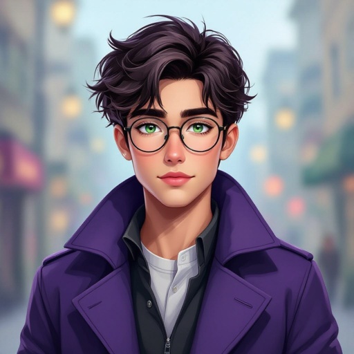 Male 17-year old Dark hair with greenish bluish eyes wears purple longcoat glasses slightly chubby cheeks