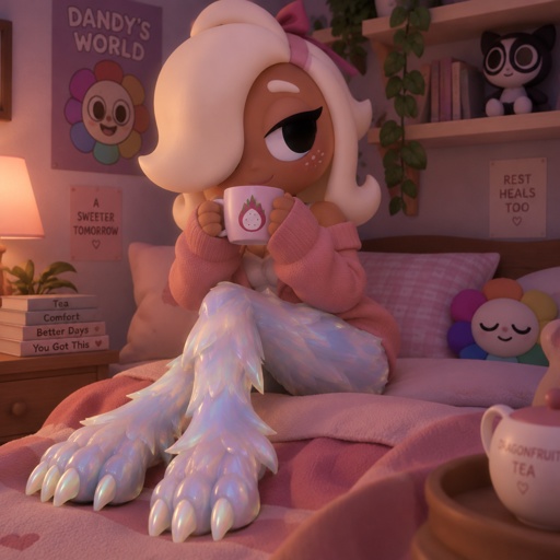 Ginger from Dandys world in her room drinking some dragonfruit tea with her legs already turned into a Opalite werewolves with her hips starting to turn 