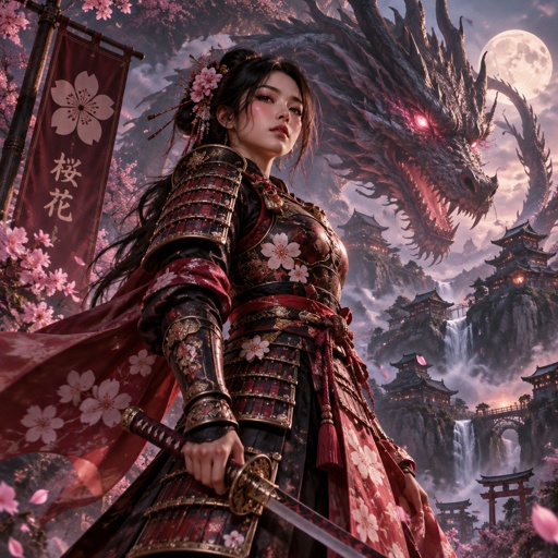 A gorgeous Asian Samurai named cherry blossom with real sexy samurai armor, a giant dragon in background 