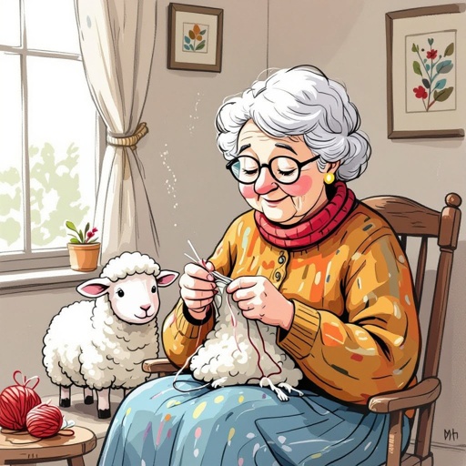 A granny knitting a sheep 