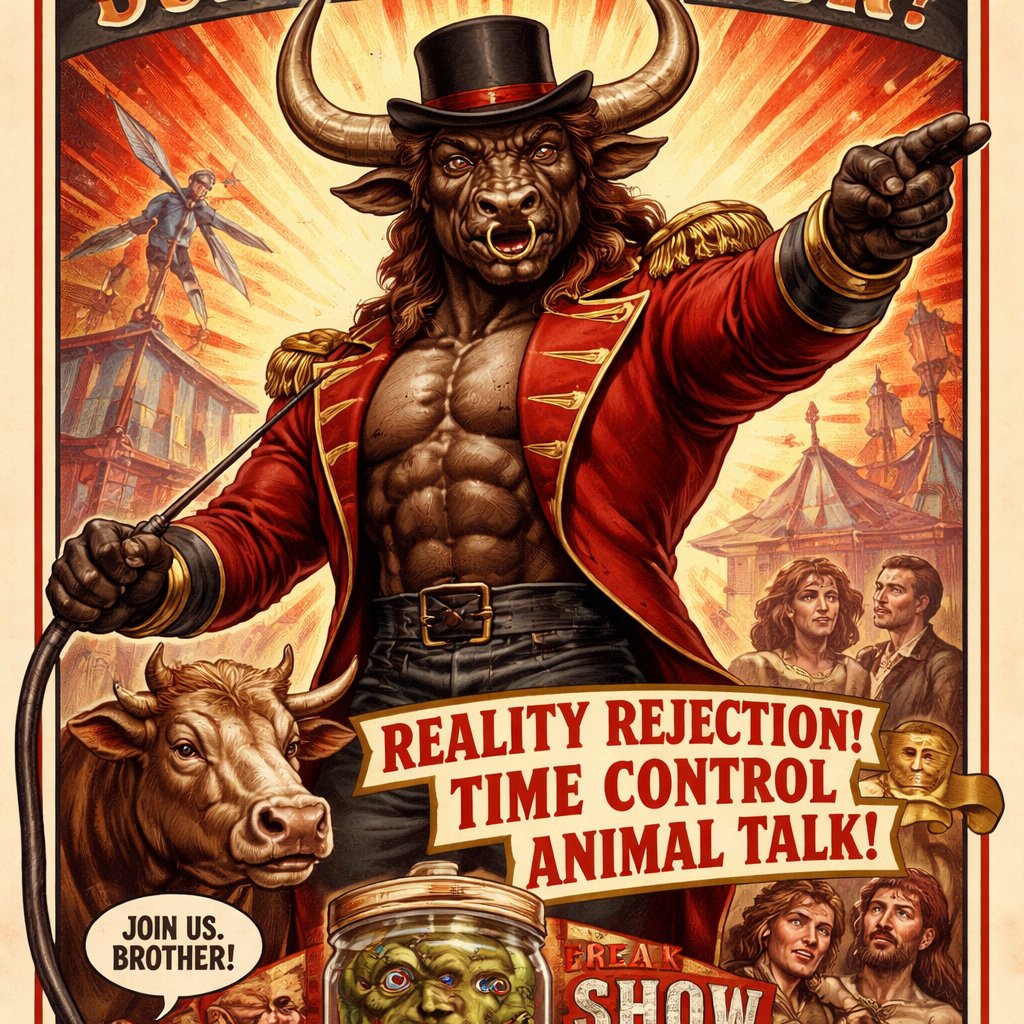 A male medium brown Minotaur with brown eyes that has a well~proportioned figure that works at freak show as the ringmaster. That has abilities of Reality Rejection, Time Manipulation (Chronokineses), Zoolingualism (Language of Cattle only), Human Speech. He’s basically a hybrid with his mother being a human with half-animal (Cretan Cattle) physiology and his father a Cretan Bull.