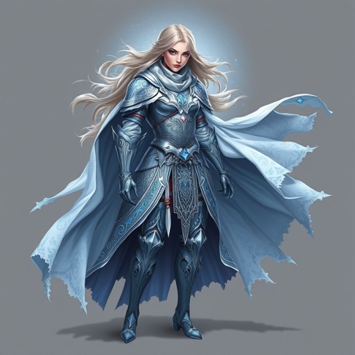 Create a battle woman hero called Alvara the Frostheart. Show full body head to toe including shoes