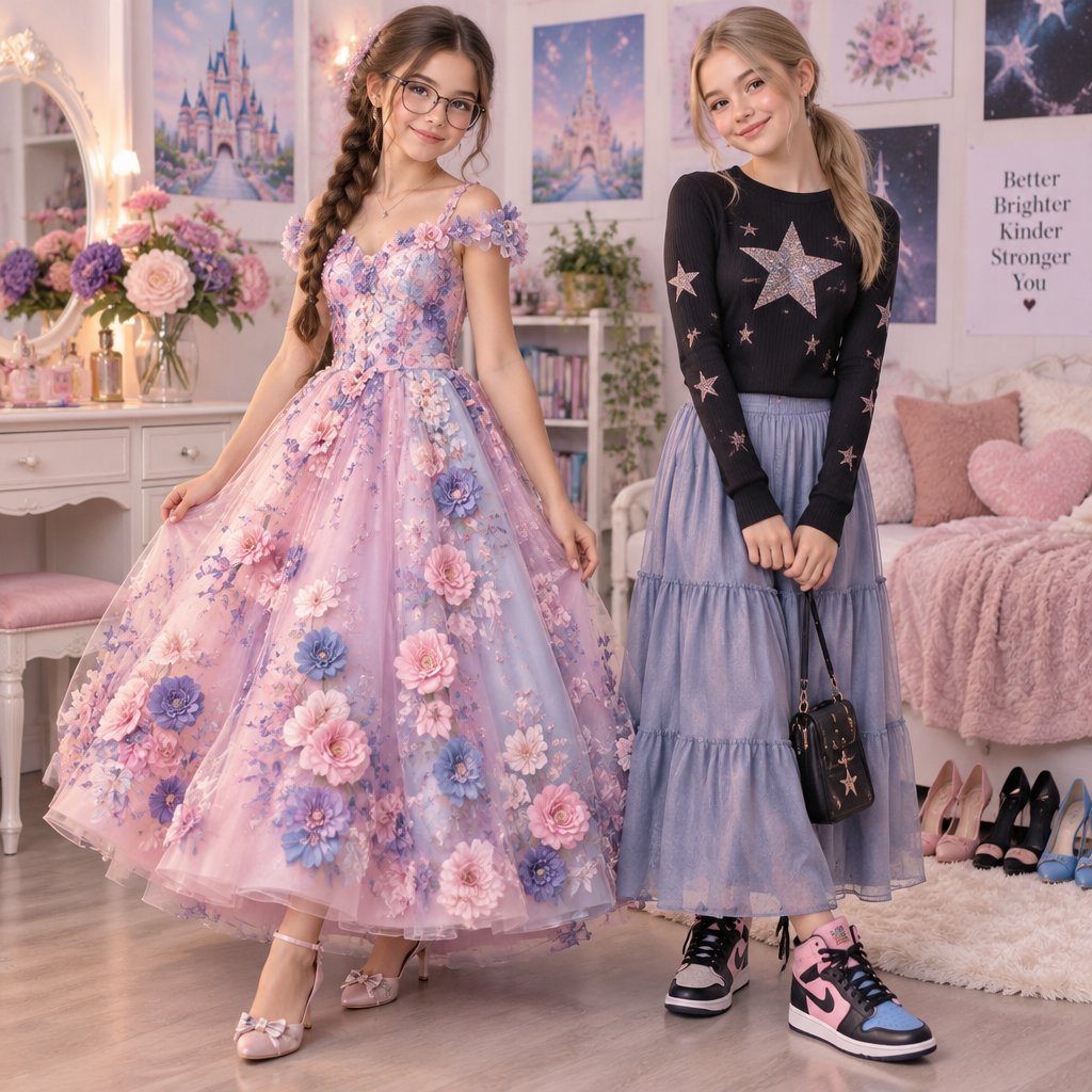 Pink Pale Rose Purple Blue Flowers Princess Dress Female Tween Girl Glasses Makeup Shoes Heel Size Small Brown Braid Hair Style Star Shirt Long Skirt Teen Girl Pink Black Blue Shoes Heel Beige Light Ash Blonde Lower Ponytail Style