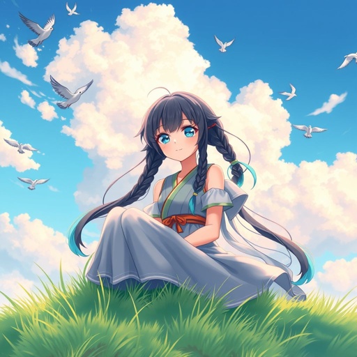 A young female with fair skin and vibrant teal eyes. Black hair with cyan tips in the form of two short braids. Wearing a goddess two-piece outfit (top and trousers) sitting on a hill watching pigeons fly from a very far distance