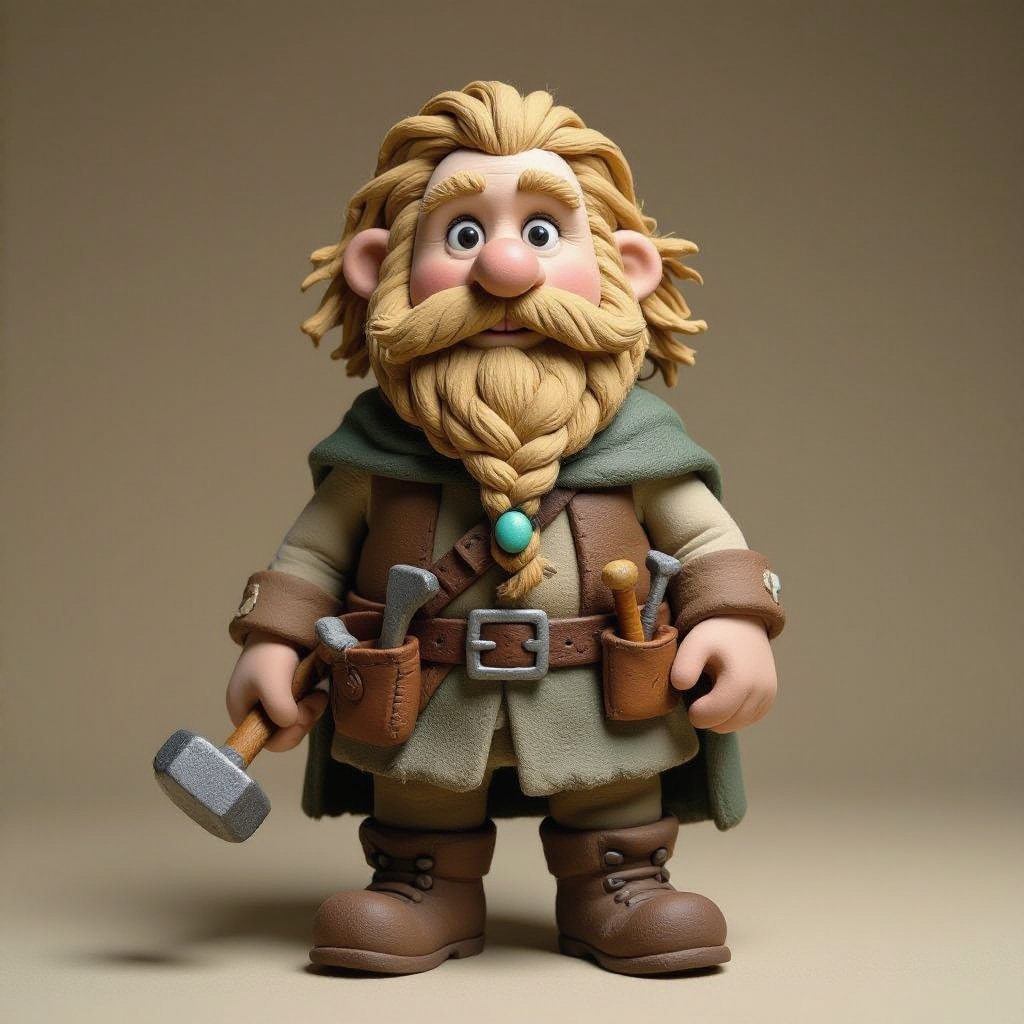 Create a stocky dwarf with a weathered face, braided beard tucked into his belt, and straw-tousled hair. Wears a soot-stained cloak over a leather smith’s vest, tool belt with hammer and chisels, heavy boots. Subtle turquoise rune glow from a pebble at his neck,