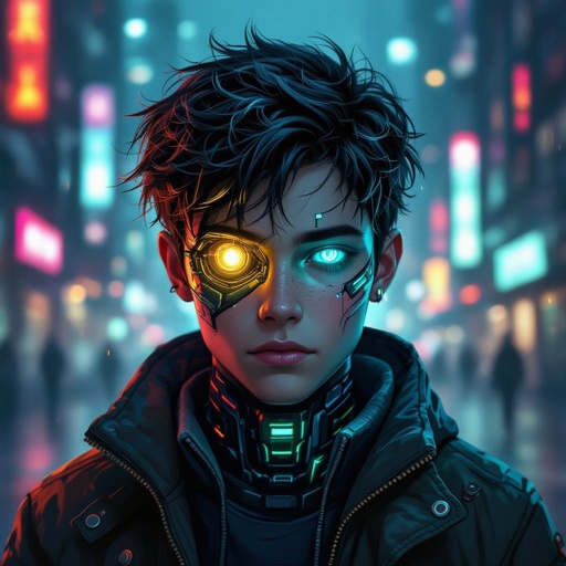 Dark mysterious character teenager boy,with a golden eye and bluish greenish eye