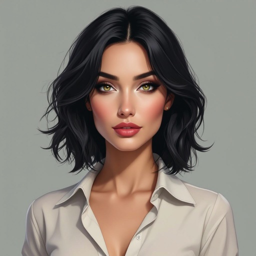 Show character head to toe. Create a mid age mysterious woman jet-black hair is cut sharpand her eyes seem to pierce through darkness. A shadowy aura clings to her form,
