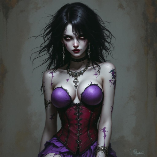 Hollow One Zombie Girl Black Hair with a Shock of White. She wears a Lavender strapless skin tight mini dress. With a dark red corset