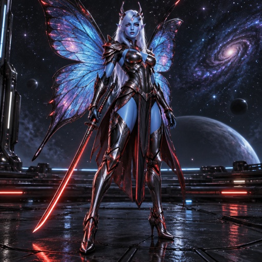 A gorgeous alien butterfly woman in a futuristic space samurai armor. Show whole body. 
