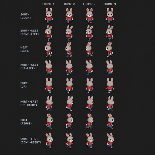 Rabbit for a fantasy game set in modern times, top-down style, 360, walking