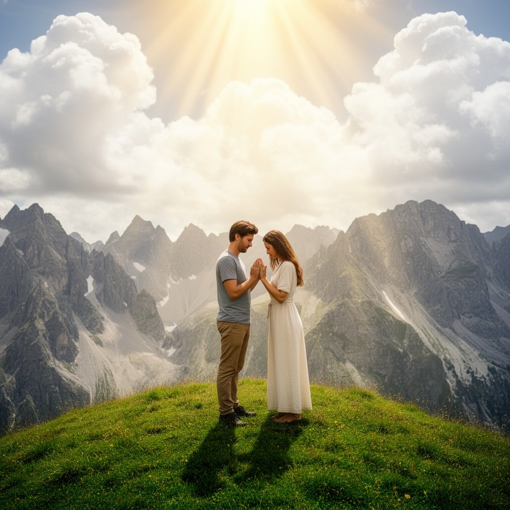 Husband hair brown and wife long brown hair , praying on a hill in the mountains together glory of God shining down on them