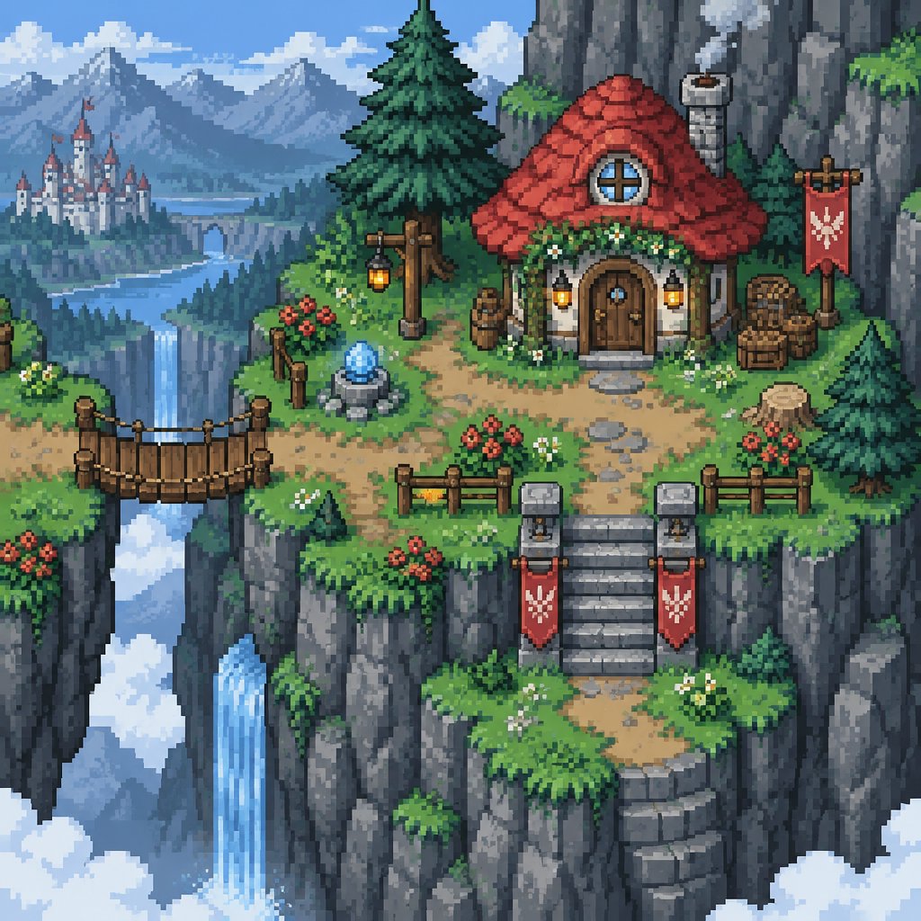 Fairy House on a mountain platform for a fantasy game set in modern times, exterior, top-down style
