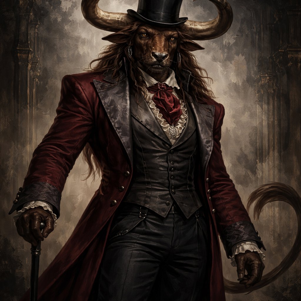 A captivating chestnut brown male Minotaur that’s 6 1/2 feet tall with well~proportioned figure/body with deep set cattle like brown eyes, large powerful gleaming horns like his fathers, a , long tail. He works at freak show as the ringmaster and his abilities are Reality Rejection, Time Manipulation (Chronokineses), Zoolingualism (Language of Cattle only), Human Speech. His outfit consists of a crimson tailcoat, frilly shirt, stunning grey blazer, black pants and top hat.